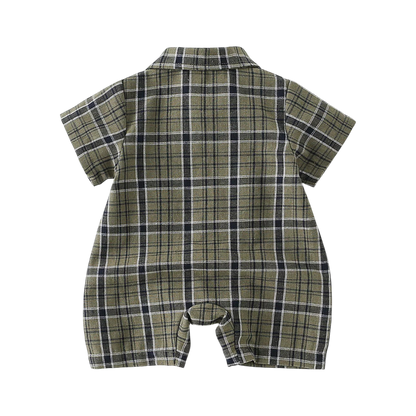 Army Green Gingham Bear Short-Sleeve Baby Outfit