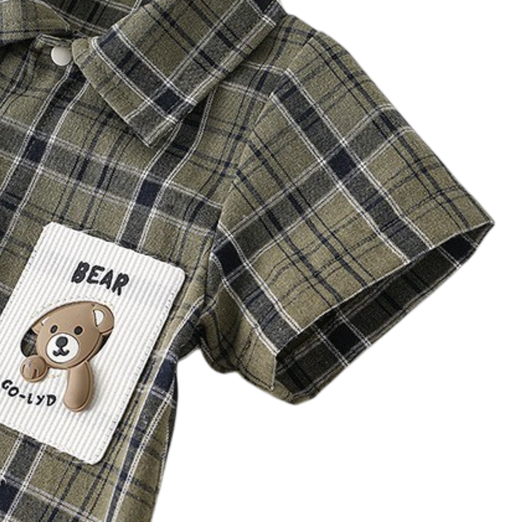 Army Green Gingham Bear Short-Sleeve Baby Outfit