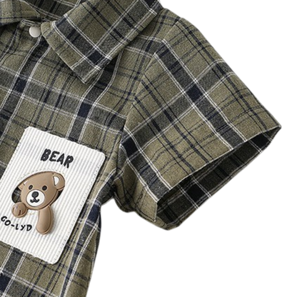 Army Green Gingham Bear Short-Sleeve Baby Outfit