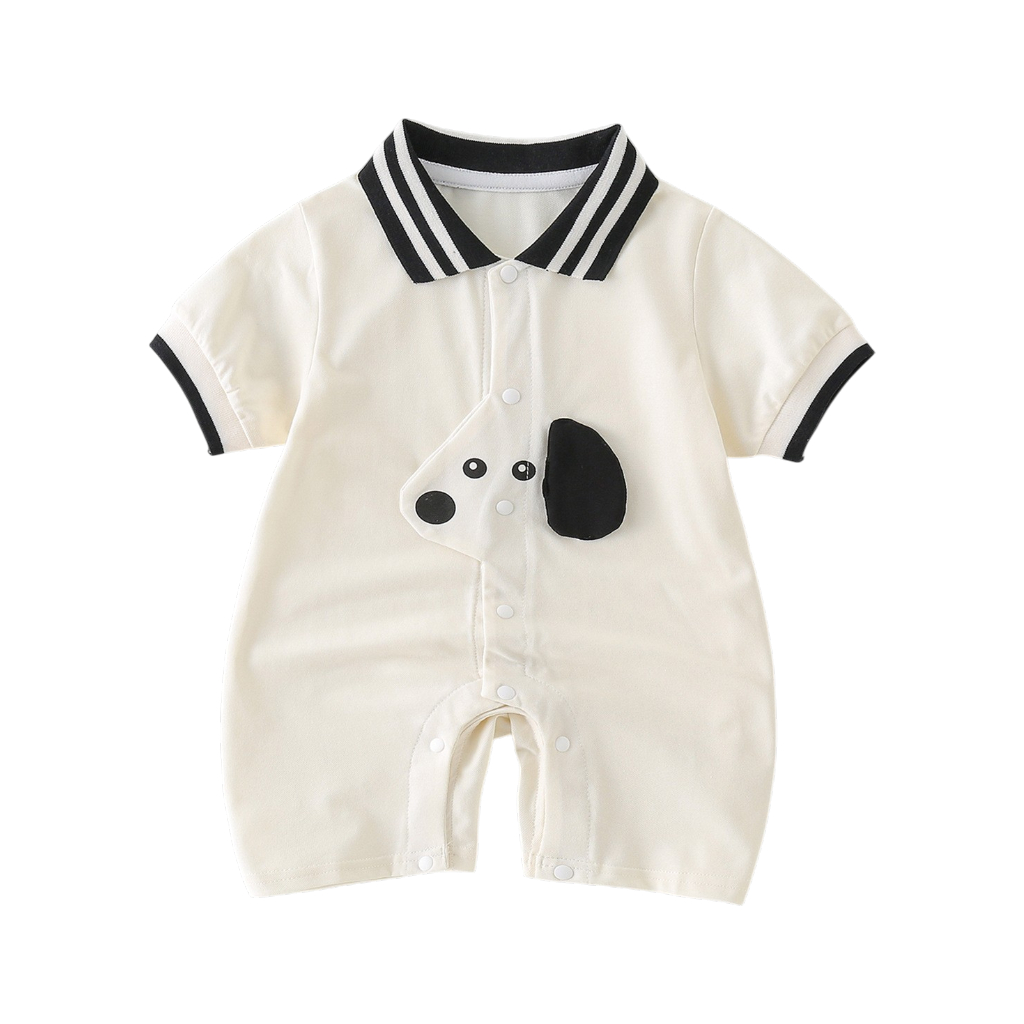 Cream and Black Puppy Short-Sleeve Baby Outfit