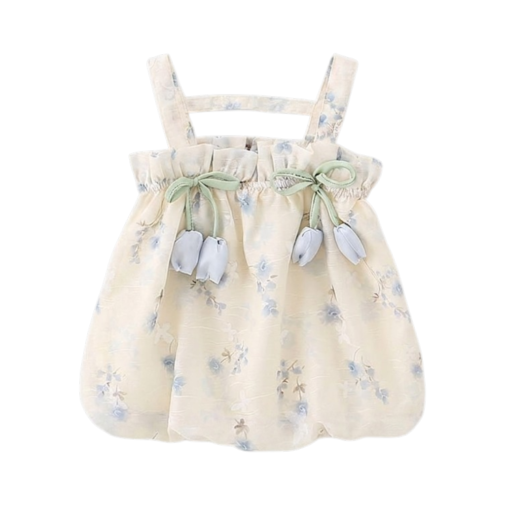 Cream Blue-Floral Bow Baby Dress