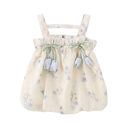 Cream Blue-Floral Bow Baby Dress