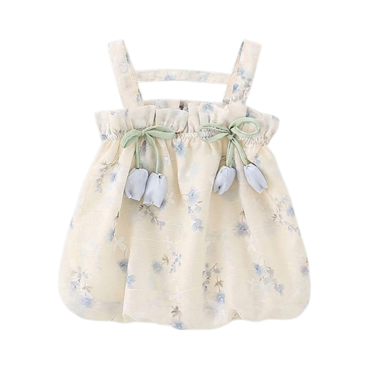 Cream Blue-Floral Bow Baby Dress