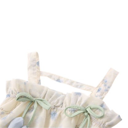 Cream Blue-Floral Bow Baby Dress
