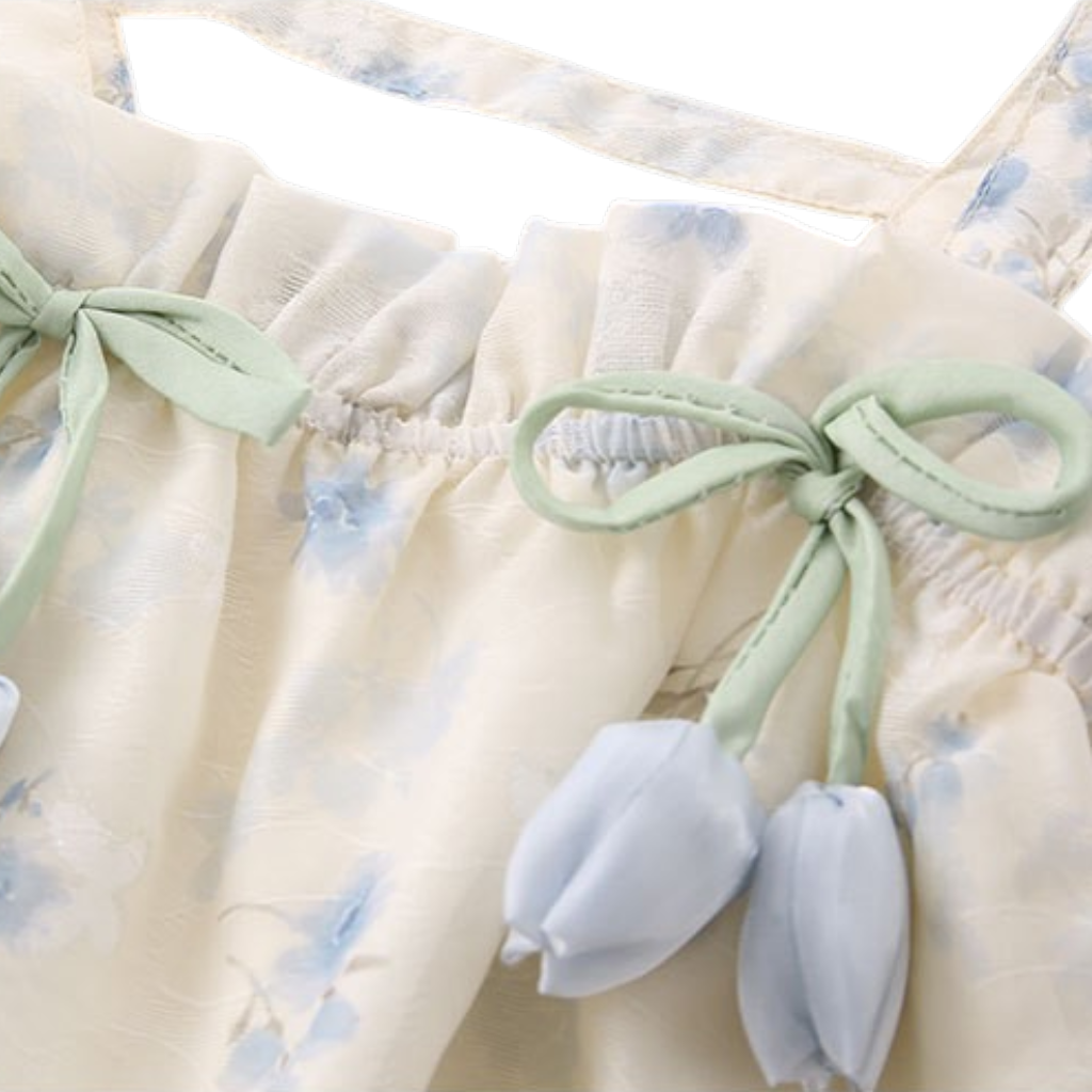 Cream Blue-Floral Bow Baby Dress