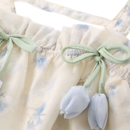 Cream Blue-Floral Bow Baby Dress