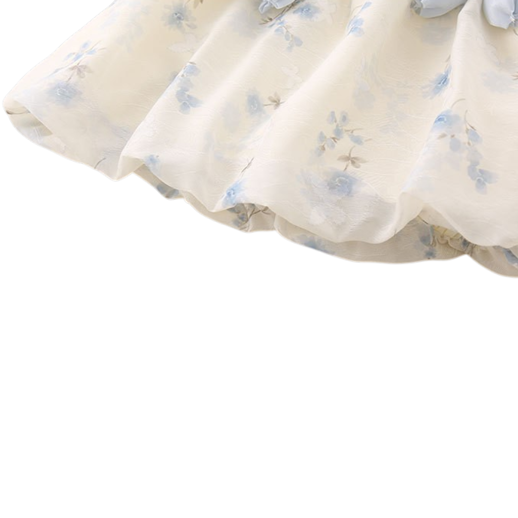 Cream Blue-Floral Bow Baby Dress
