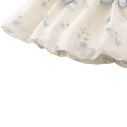 Cream Blue-Floral Bow Baby Dress