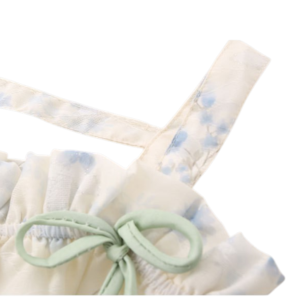 Cream Blue-Floral Bow Baby Dress