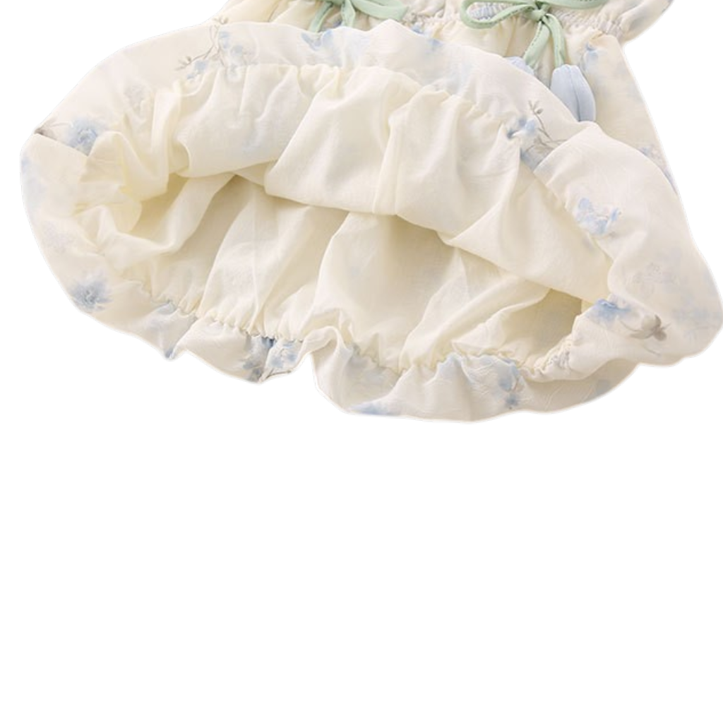 Cream Blue-Floral Bow Baby Dress