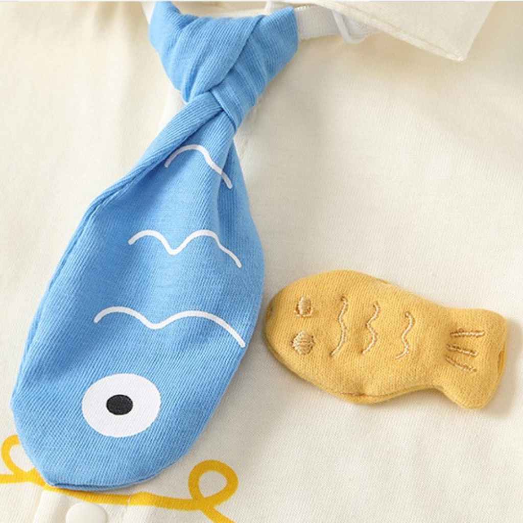 Cream Little-Fish Tie Short-Sleeve Baby Outfit