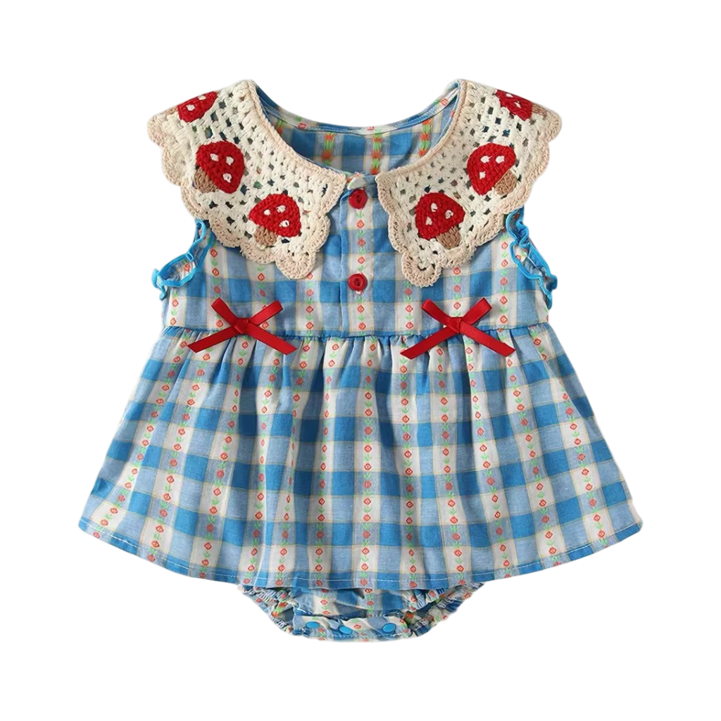 Blue Gingham Mushroom-Collar Baby Bodysuit Dress