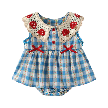 Blue Gingham Mushroom-Collar Baby Bodysuit Dress