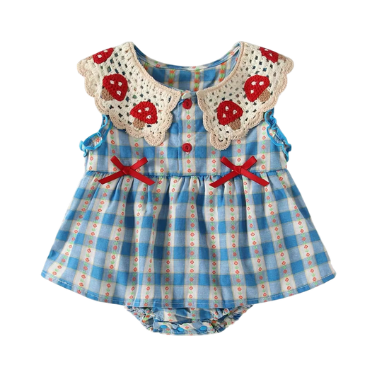 Blue Gingham Mushroom-Collar Baby Bodysuit Dress