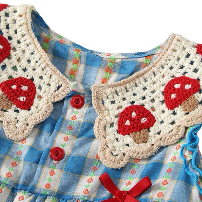 Blue Gingham Mushroom-Collar Baby Bodysuit Dress