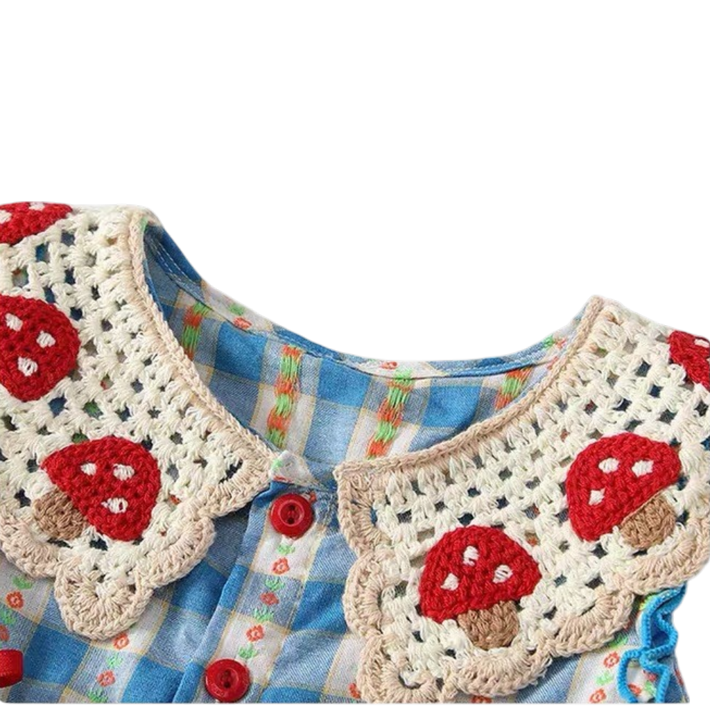 Blue Gingham Mushroom-Collar Baby Bodysuit Dress