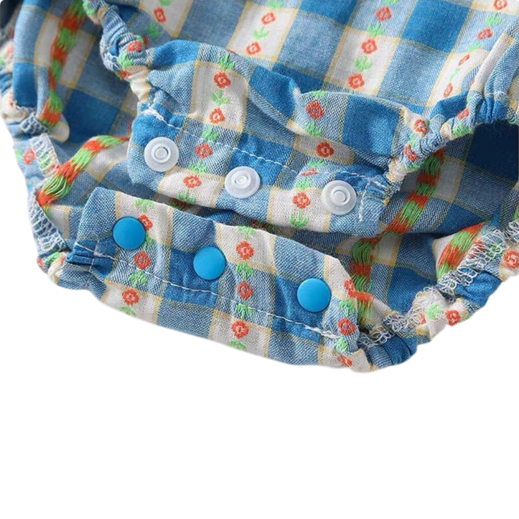 Blue Gingham Mushroom-Collar Baby Bodysuit Dress