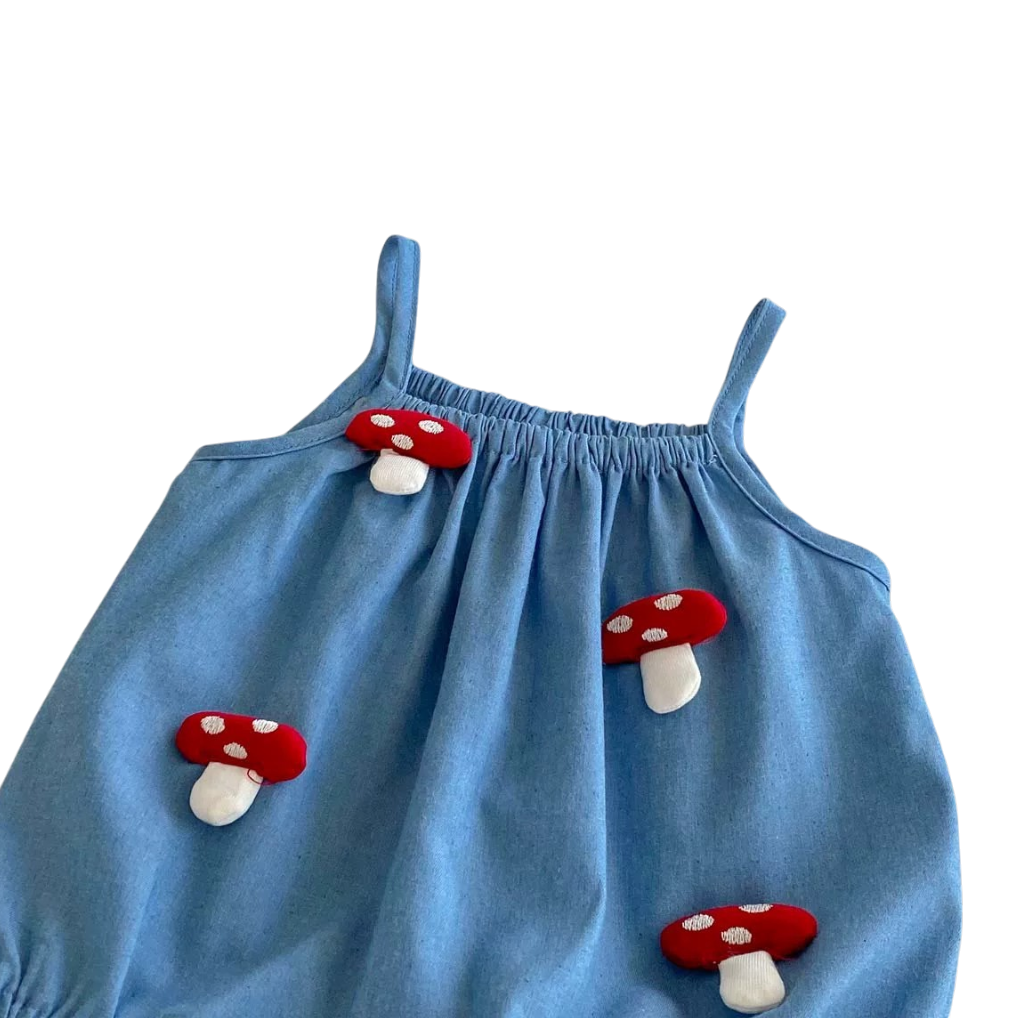Blue Mushroom Sleeveless Baby Outfit