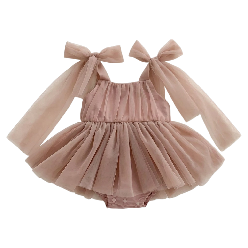 Dusty Pink Tulle Bow Baby Bodysuit Dress