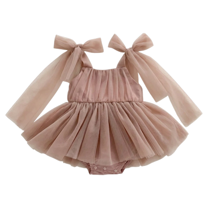 Dusty Pink Tulle Bow Baby Bodysuit Dress