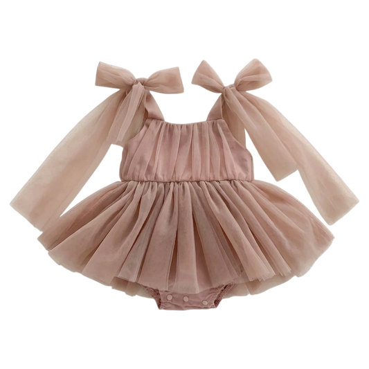 Dusty Pink Tulle Bow Baby Bodysuit Dress