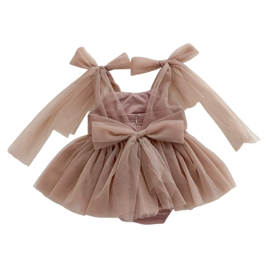 Dusty Pink Tulle Bow Baby Bodysuit Dress