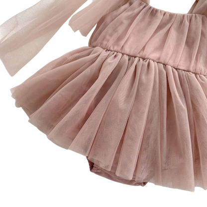 Dusty Pink Tulle Bow Baby Bodysuit Dress