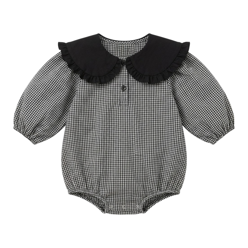 Grey Gingham Ruffle-Collar Baby Bodysuit