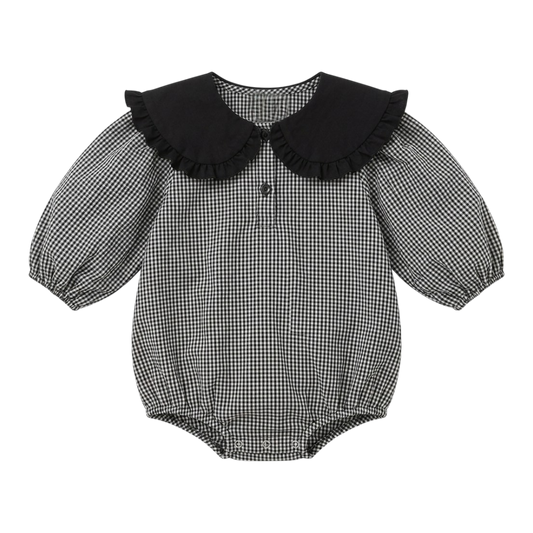 Grey Gingham Ruffle-Collar Baby Bodysuit