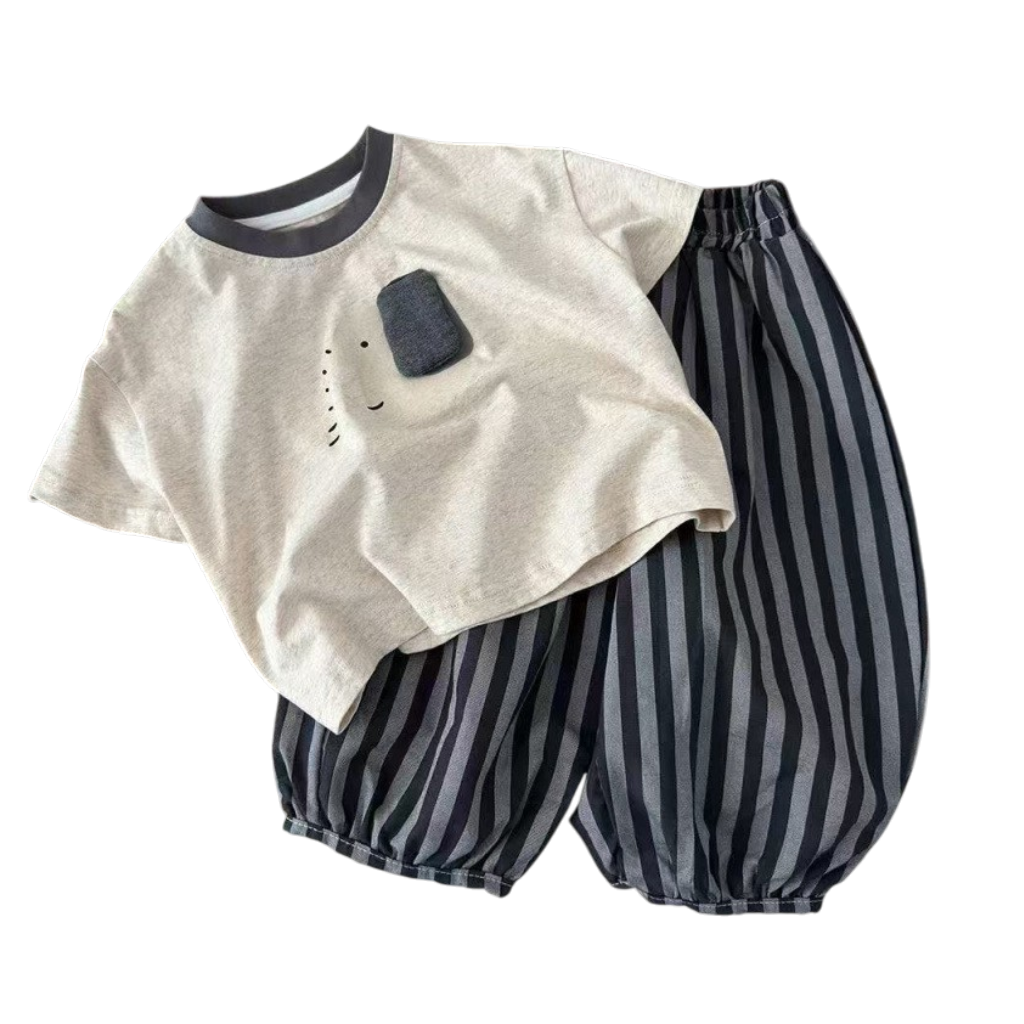 Grey Elephant Top and Stripe Pants Baby Set