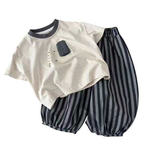 Grey Elephant Top and Stripe Pants Baby Set