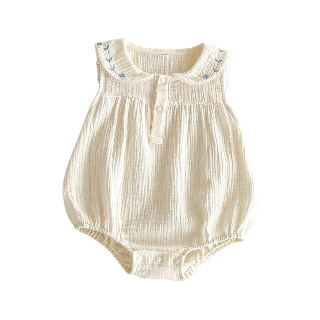Cream Blue-Floral Collar Sleeveless Baby Outfit