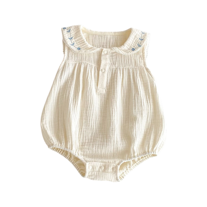Cream Blue-Floral Collar Sleeveless Baby Outfit