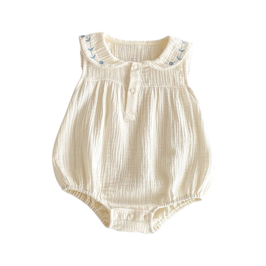 Cream Blue-Floral Collar Sleeveless Baby Outfit