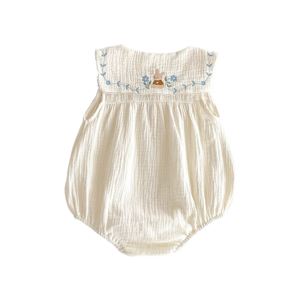 Cream Blue-Floral Collar Sleeveless Baby Outfit