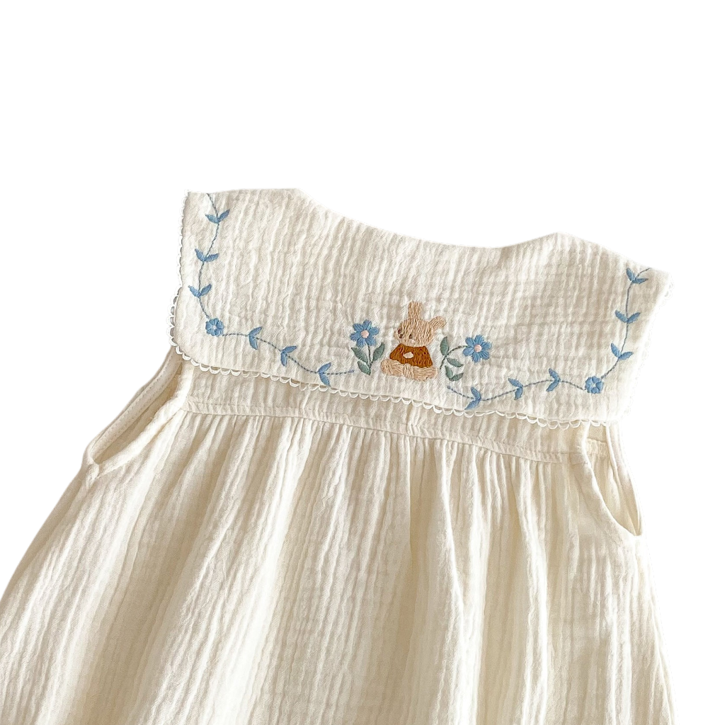 Cream Blue-Floral Collar Sleeveless Baby Outfit