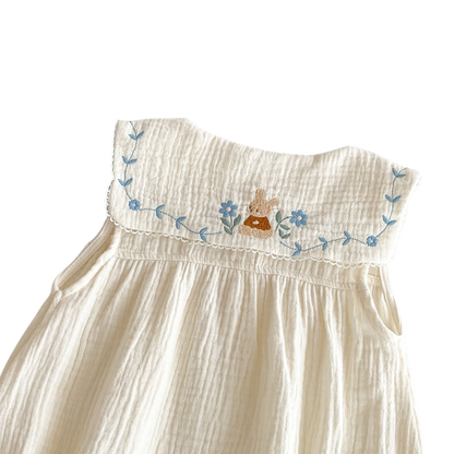 Cream Blue-Floral Collar Sleeveless Baby Outfit