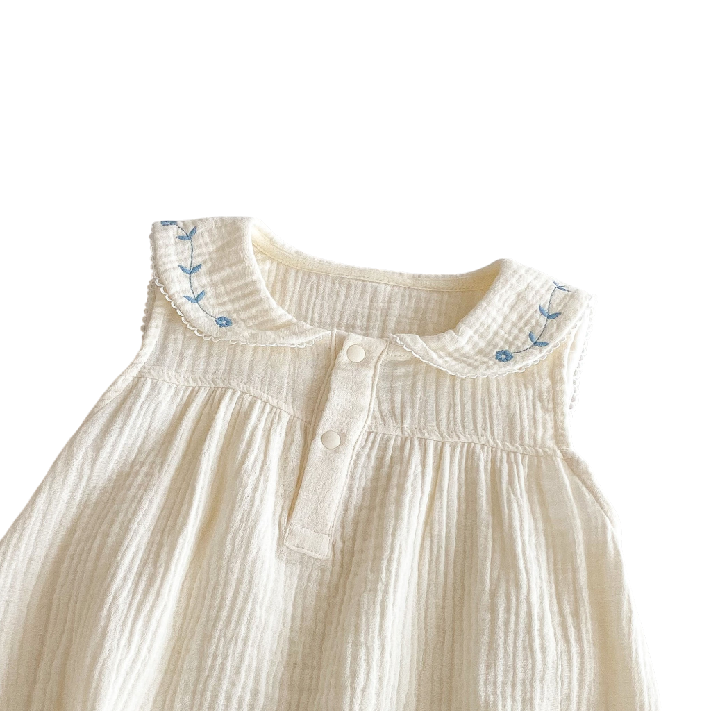 Cream Blue-Floral Collar Sleeveless Baby Outfit