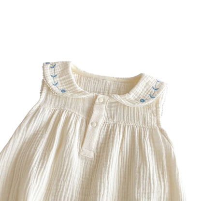 Cream Blue-Floral Collar Sleeveless Baby Outfit