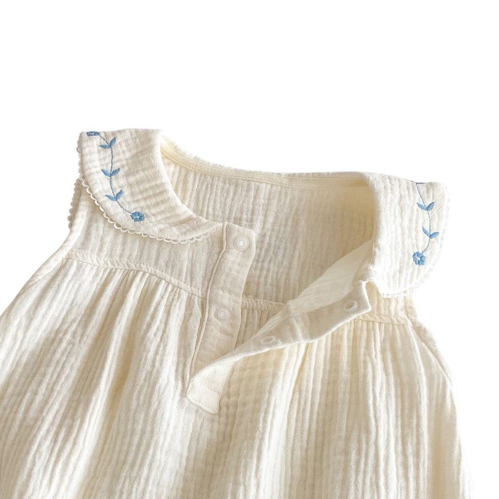 Cream Blue-Floral Collar Sleeveless Baby Outfit