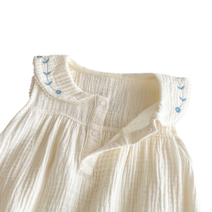 Cream Blue-Floral Collar Sleeveless Baby Outfit