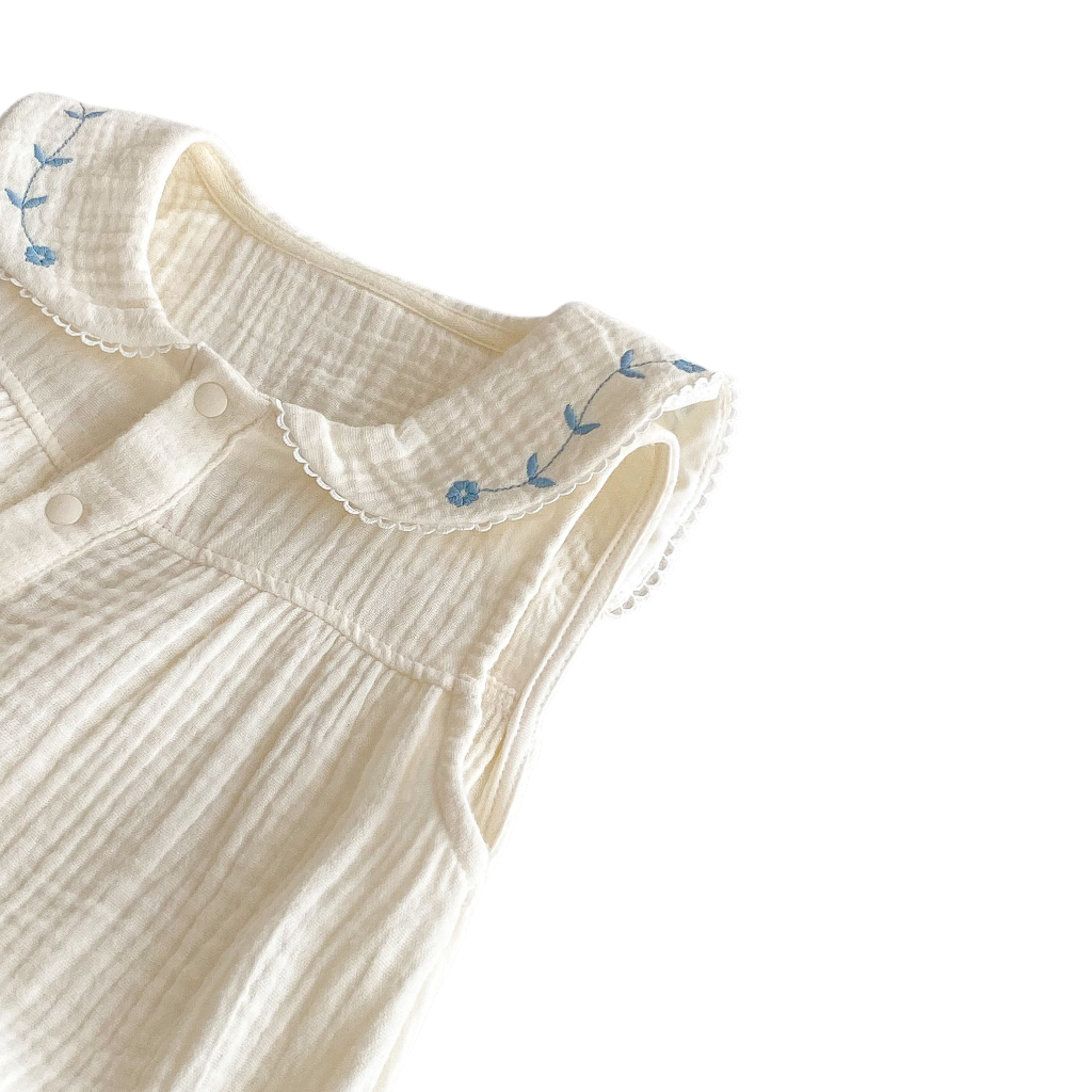 Cream Blue-Floral Collar Sleeveless Baby Outfit
