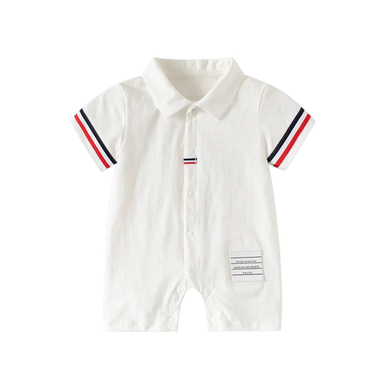 White Stripe-Trim Polo Baby Romper