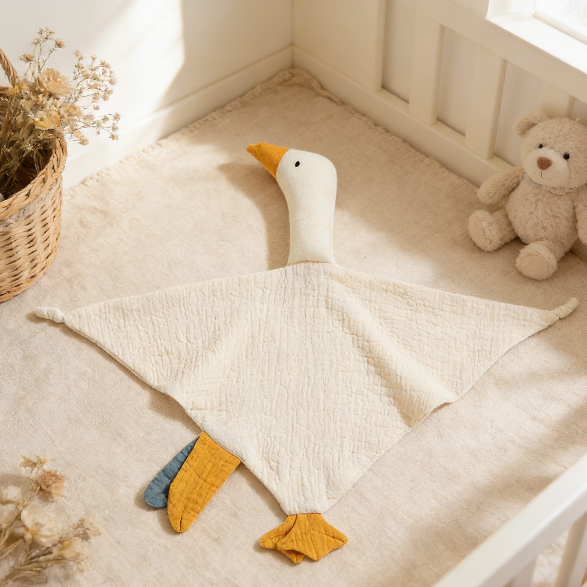 White duck-shaped comfort blanket on a soft surface with a teddy bear and plant in the background.