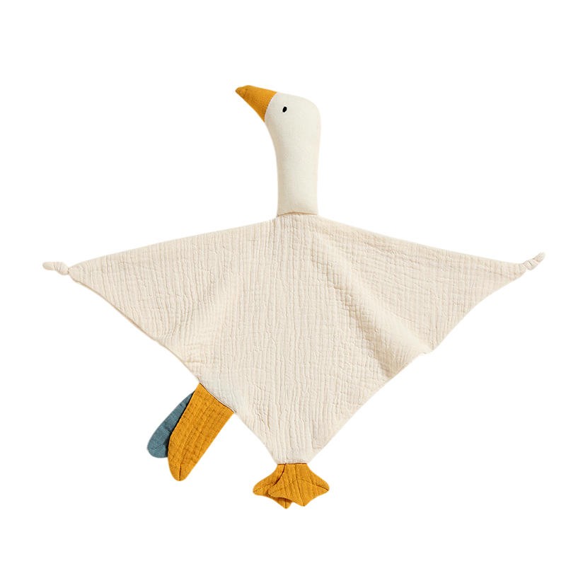 Toy shaped like a goose with a white body and colorful legs on a white background
