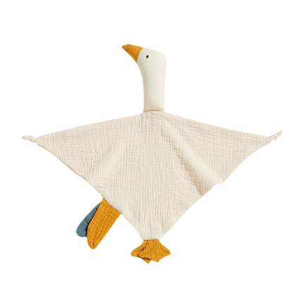 Toy shaped like a goose with a white body and colorful legs on a white background