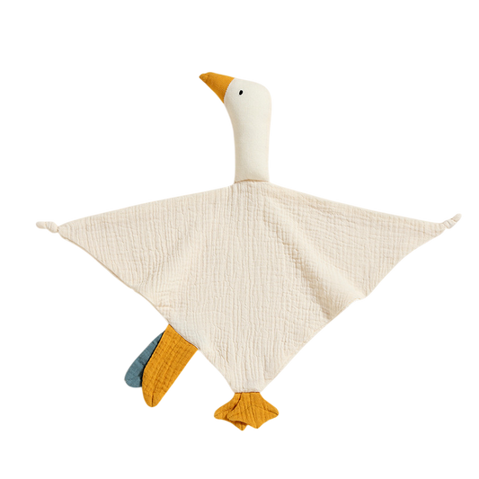 Toy shaped like a goose with a white body and colorful legs on a white background
