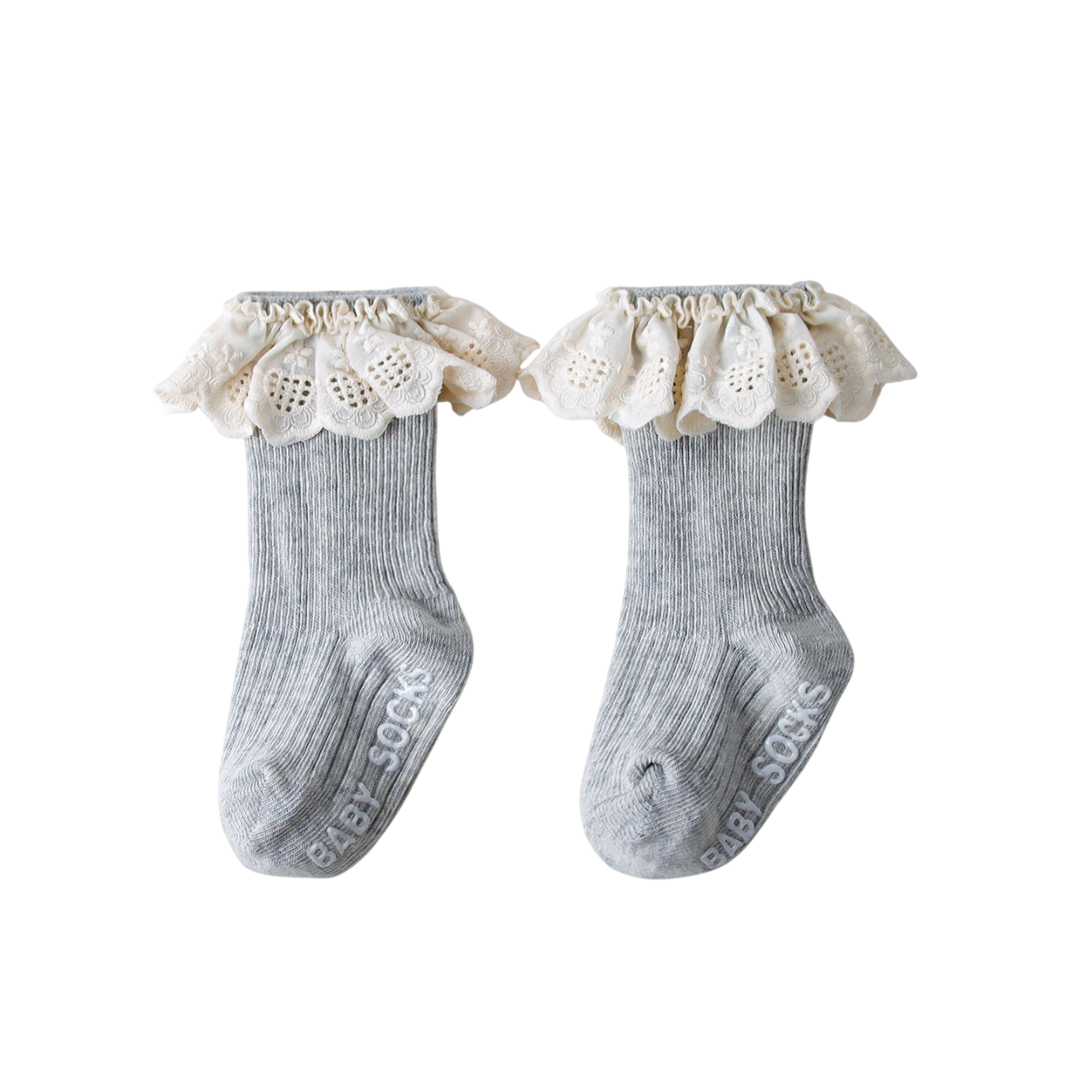 Pair of gray baby socks with lace ruffles on a white background