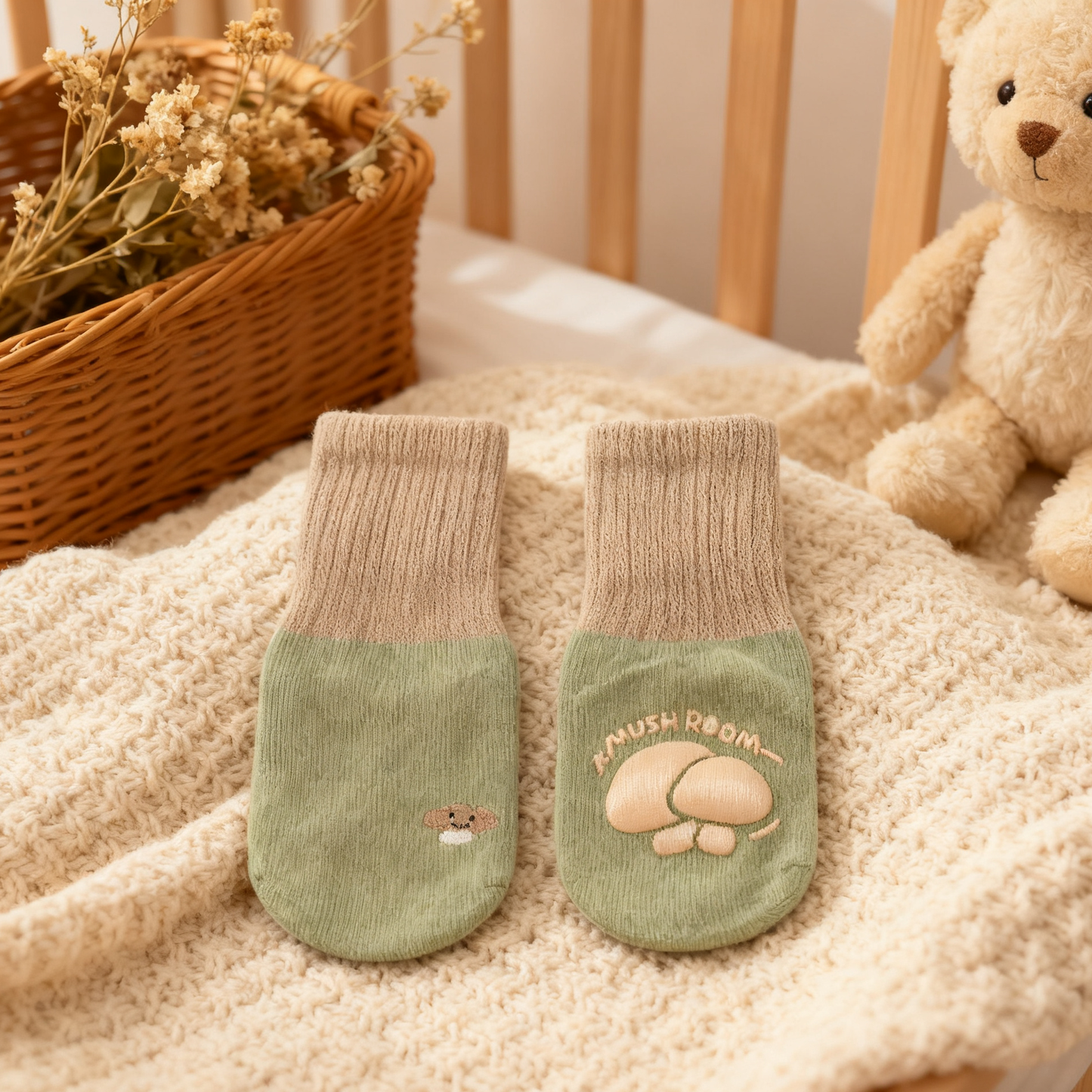 Pair of green baby socks with a bear design on a soft surface with a teddy bear and basket in the background.