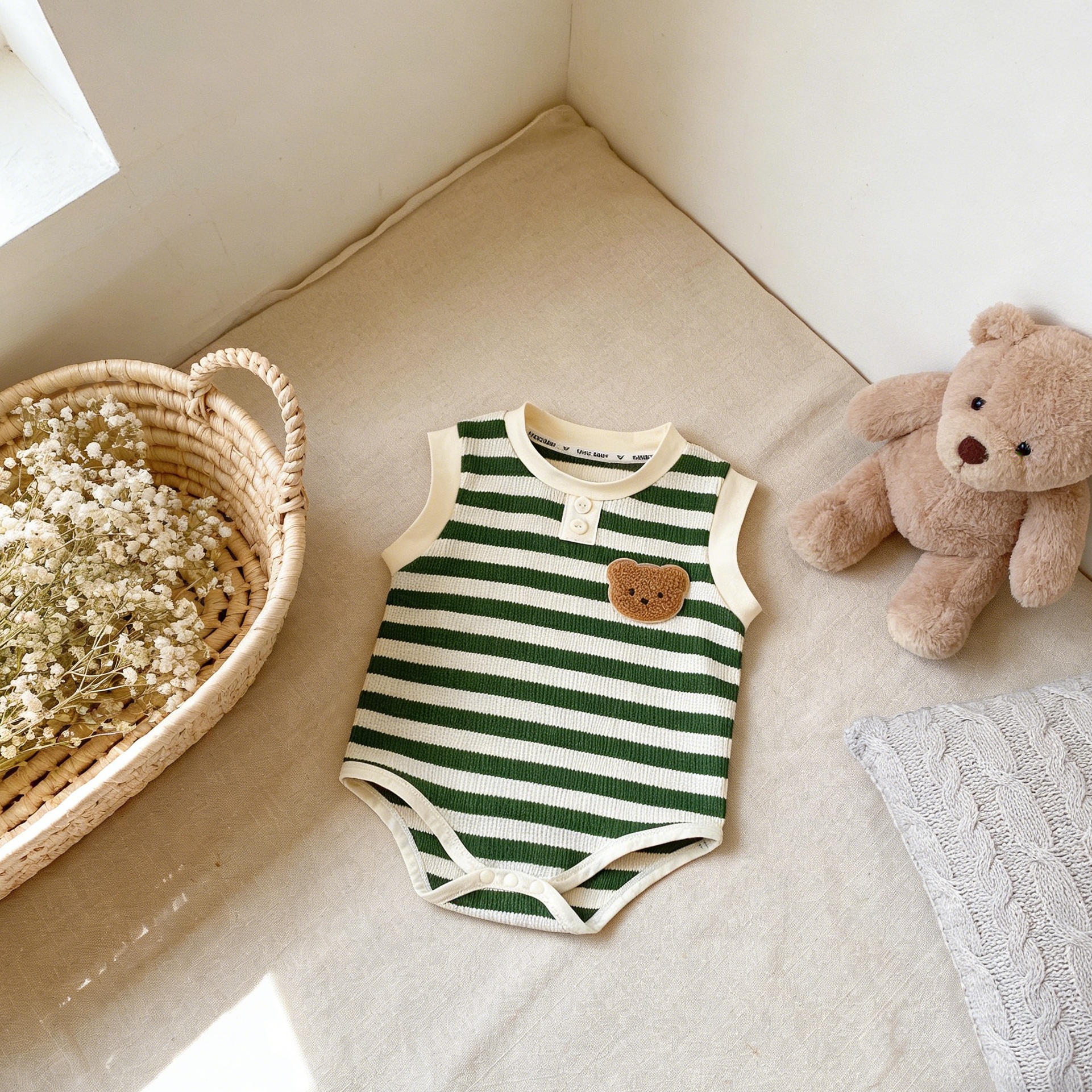 Green and white striped baby romper with bear design on a beige surface, surrounded by a teddy bear and basket of flowers.